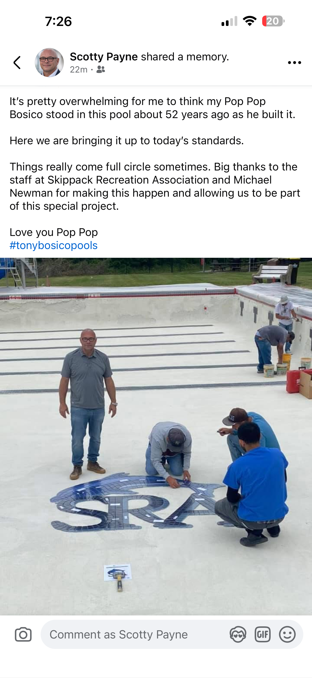 Scott Payne standing in the Skippack Recreation Association pool during renovation — the same pool his grandfather Tony Bosico built 52 years ago