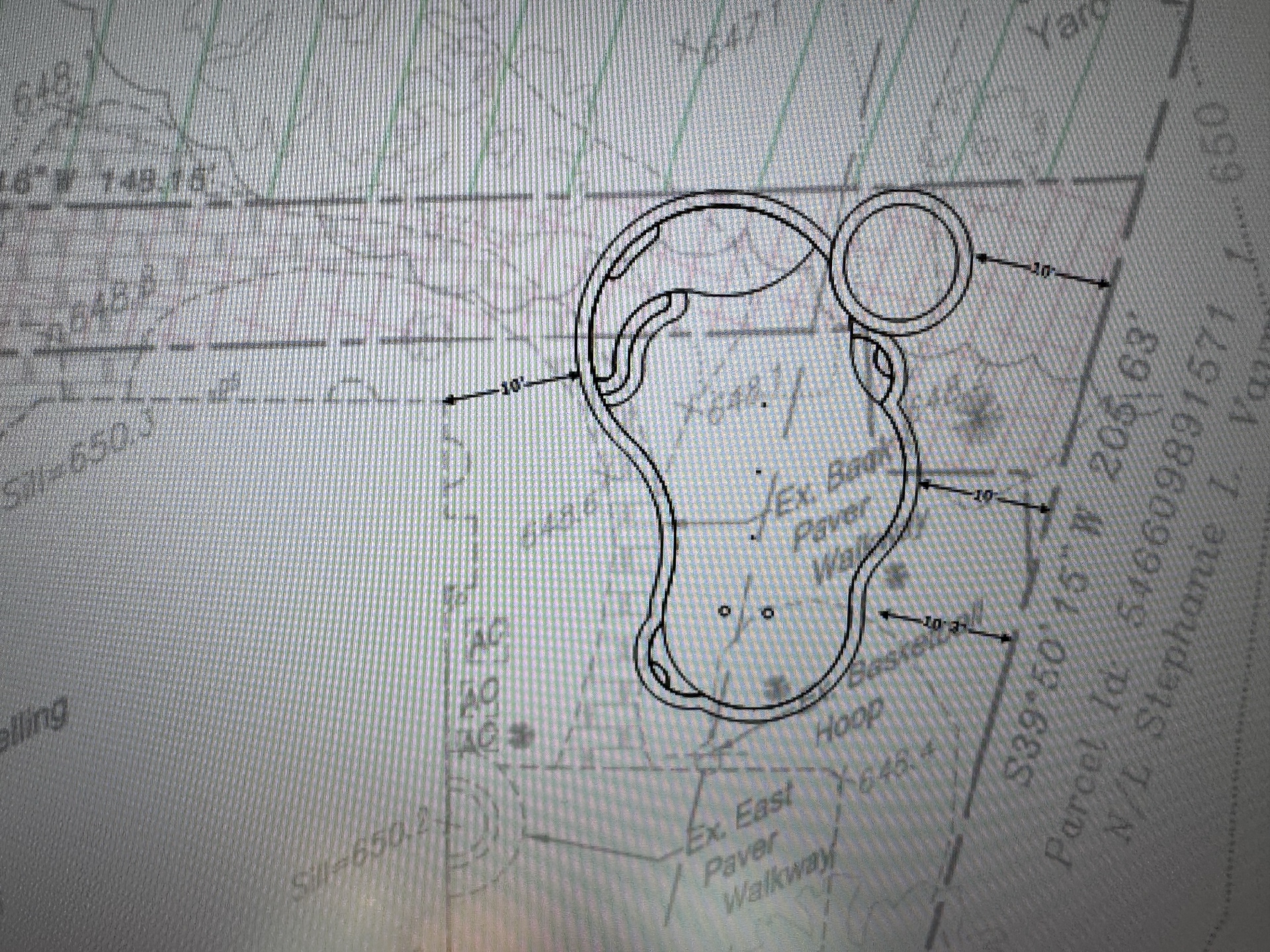 Pool shape CAD drawing on survey plan — Phase 2 Design