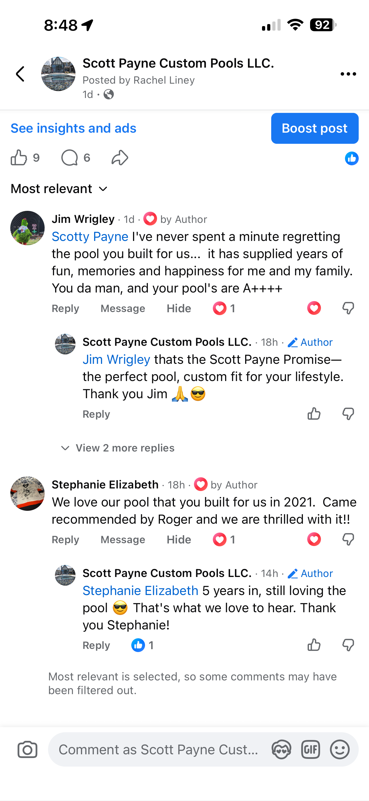 Facebook comment thread — Jim Wrigley and Stephanie Hansen