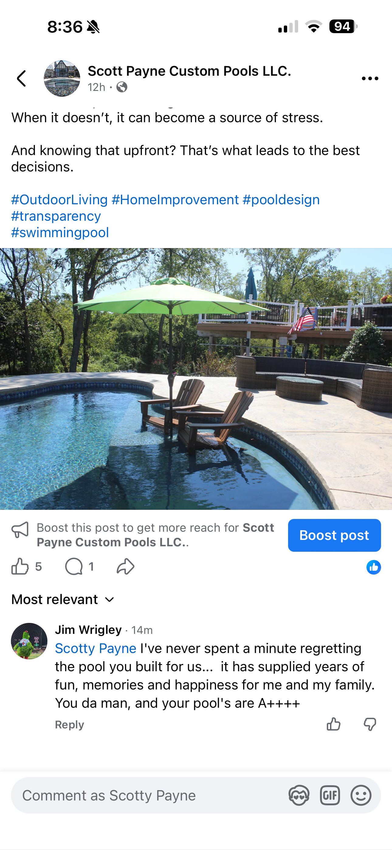 Facebook post with pool photo and Jim Wrigley comment