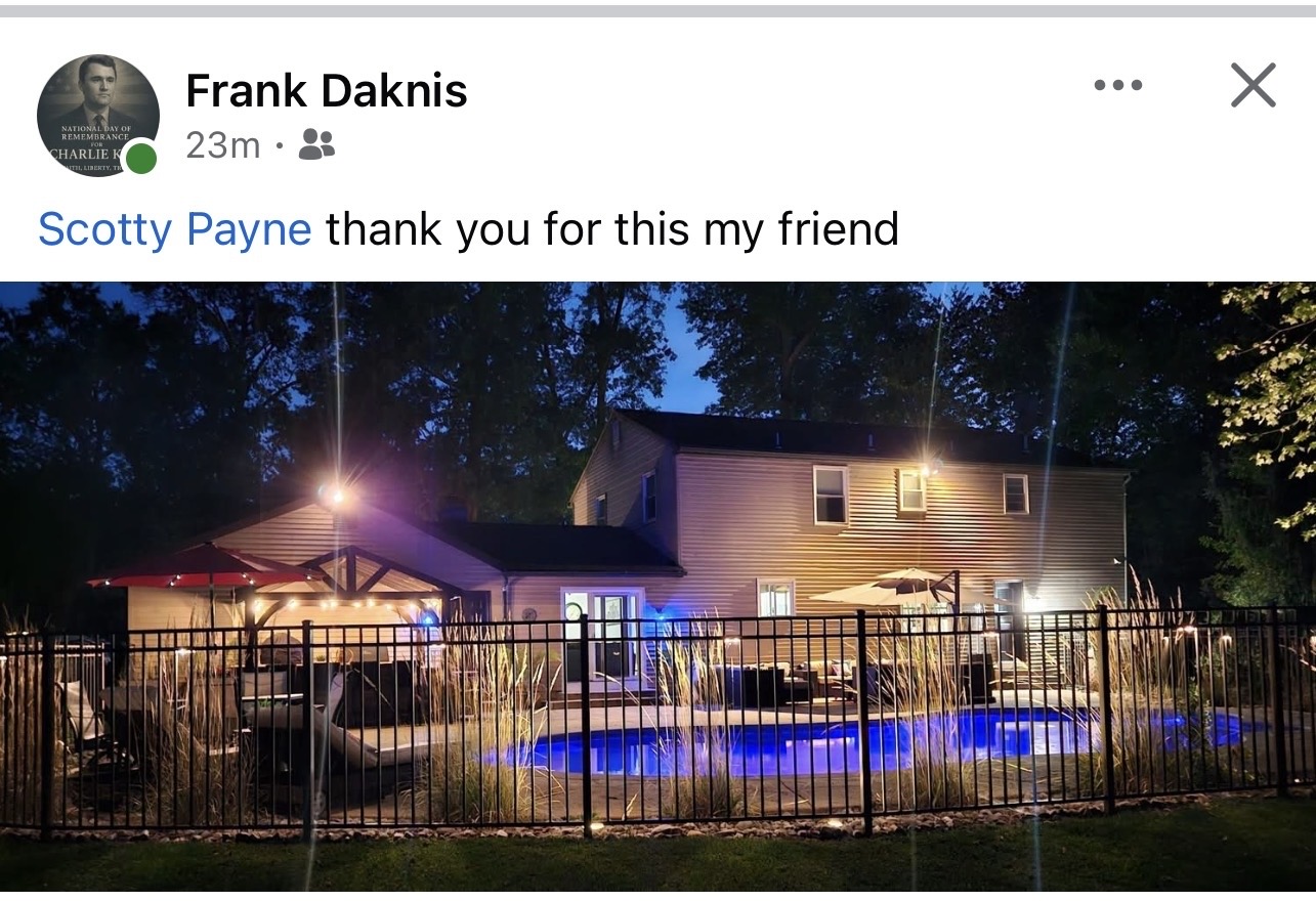 Frank Daknis Facebook post — pool lit up at night with blue LED lighting