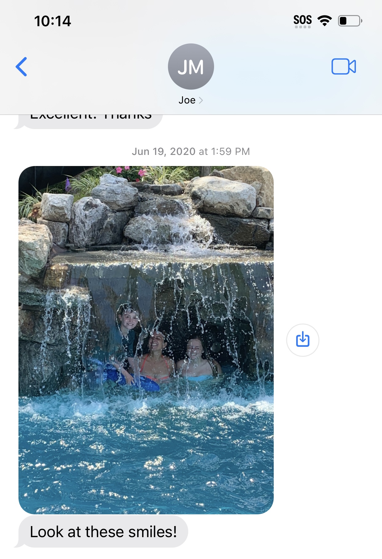 Client text — Look at these smiles — family under waterfall feature